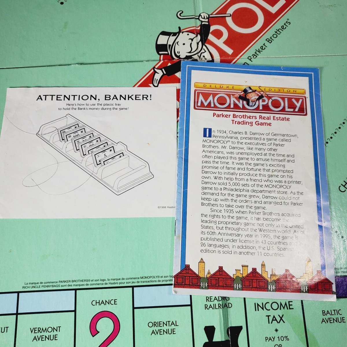 Vintage 1999 Monopoly Board. 9 of 11 tokens. Otherwise complete