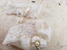 BRIDAL Wedding Garter Set, Lace HANDMADE IVORY Rosettes, Pearls Rhinestones