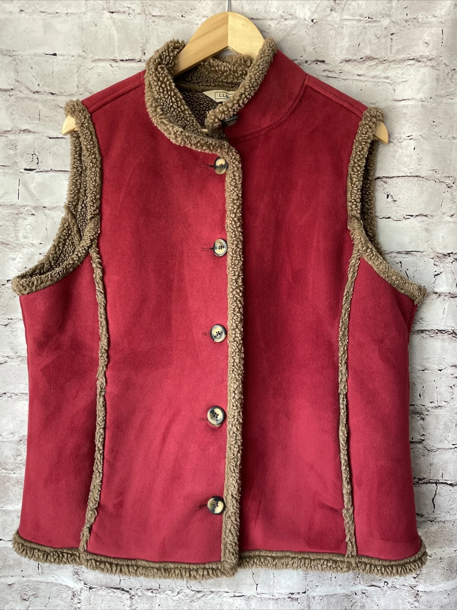 LL Bean Red Faux Suede Sherpa Lined Button Down Women s Vest Size L