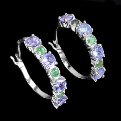 925 Sterling Silber Ohrringe Runde Blau Tansanit Smaragd Edelstein Schmuck - Bild 1 von 4