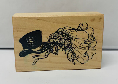 Wooden Rubber Stamp PSX Top Hat & Veil Vintage Wedding Supply Craft BIN 18