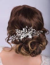 Bride Wedding Crystal Hair Comb Silver Leaf Crystal Hair Piece Pearl Rhinesto...