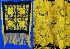 Vintage Art Deco Black Silk Yellow Floral Embroidered Boho Flapper Piano Shawl