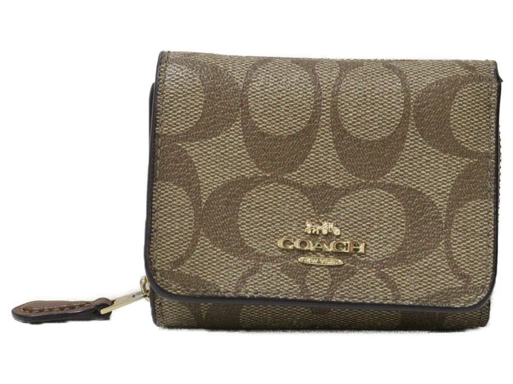 COACH Compact Wallet Tri Fold Wallet F41302 Signature Brown PVC Coated Canvas