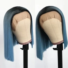 Short Bob Lace Front Wigs Synthetic Glueless Blue Straight Hair Heat Resistant