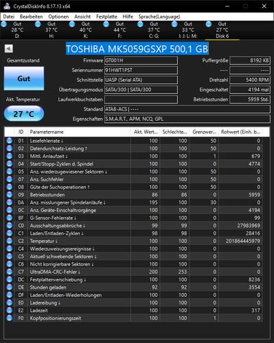 Festplatte Toshiba 500GB MK5059GSXP 8Mb Cache 5400Rpm Sata 8MB 2,5"