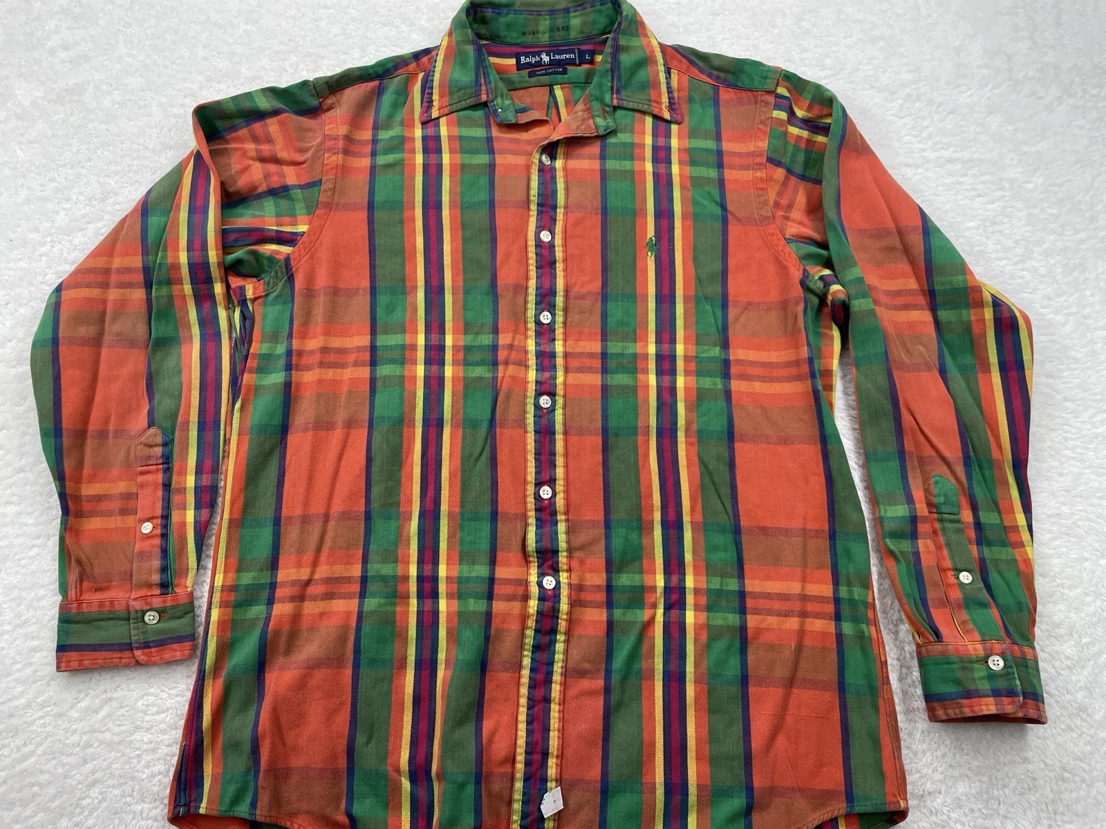 Vintage Polo Ralph Lauren MENS SHIRT Large 100% Cotton Orange Green Long Sleeve