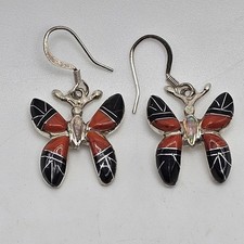 Handcrafted Sterling Silver Butterfly Inlay Dangle Earrings Red Coral Black Onyx