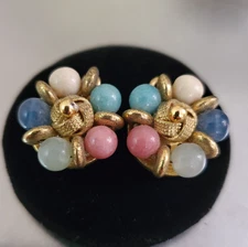 Pair of Earrings Marked LCI Gold Tone Multi Stone Vintage Clip-On Blue Pink etc