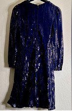 Women’s Blue Sequin Wrap Dress V-Neck 3/4 Sleeve Mini Short Size S