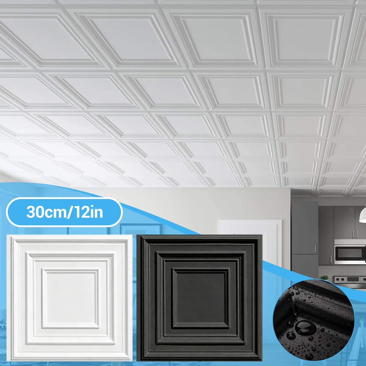 10-Pack Distressed White & Black Ceiling Tiles – Peel And Stick, Decorative Drop Panels, 40 Sq.ft, PL35