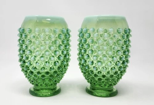 Pair of Vintage Fenton Hobnail Opalescent Green Glass Bud Vases 3  5/8"