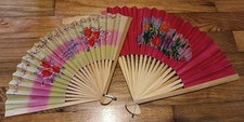 Set Of Two Japan And Taiwan Wooden Fans Hand Painted Flowers Pink