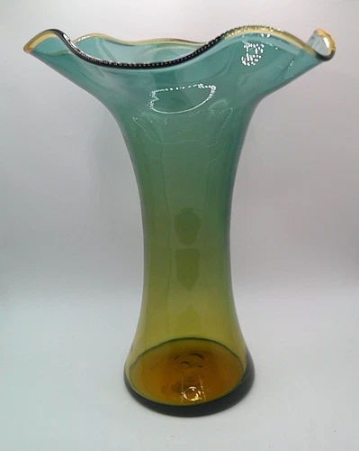 Blenko 2004 Desert Green Ruffletop 9926S Art Glass Vase with Topaz Rim/Lip