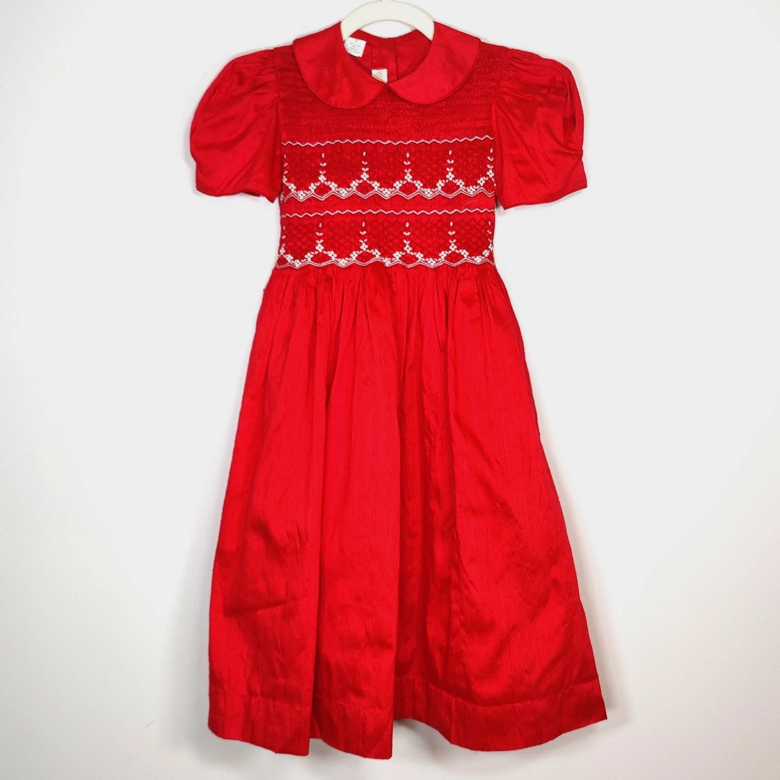 Anavini Silk Shantung Smocked Dress Embroidered Red Girls Size 6X