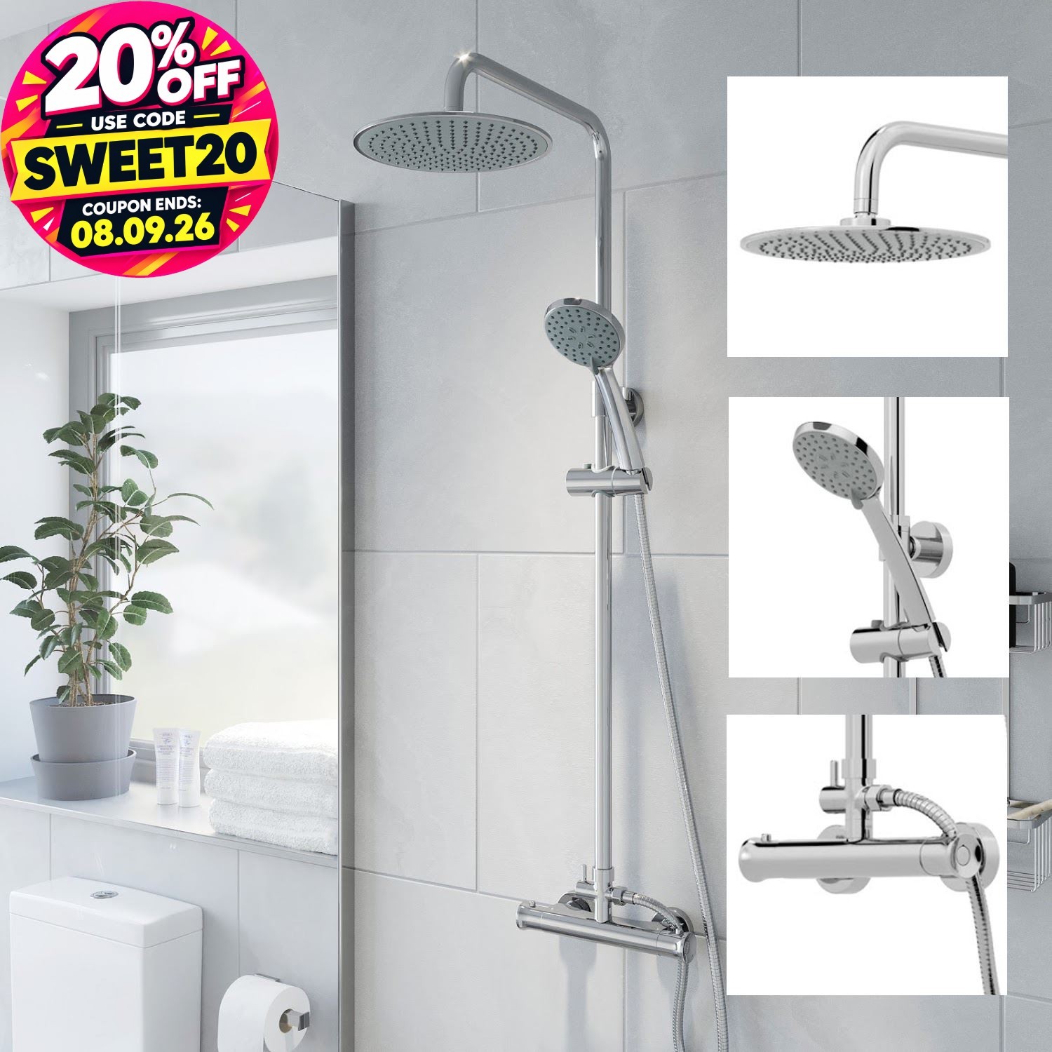 Bathroom Shower Mixer Thermostatic Set Twin Head Chrome Exposed Valve Round Set