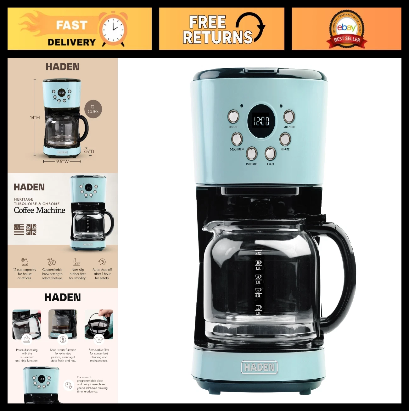 12-Cup Programmable Drip Coffee Maker with Auto Shut-Off & Reusable Filter - Tur