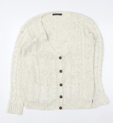 QED London Damen Strickjacke Elfenbein Zopfmuster Knopf Größe M