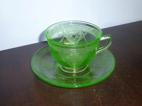 Federal Georgian lovebirds green depression uranium glass cup & saucer