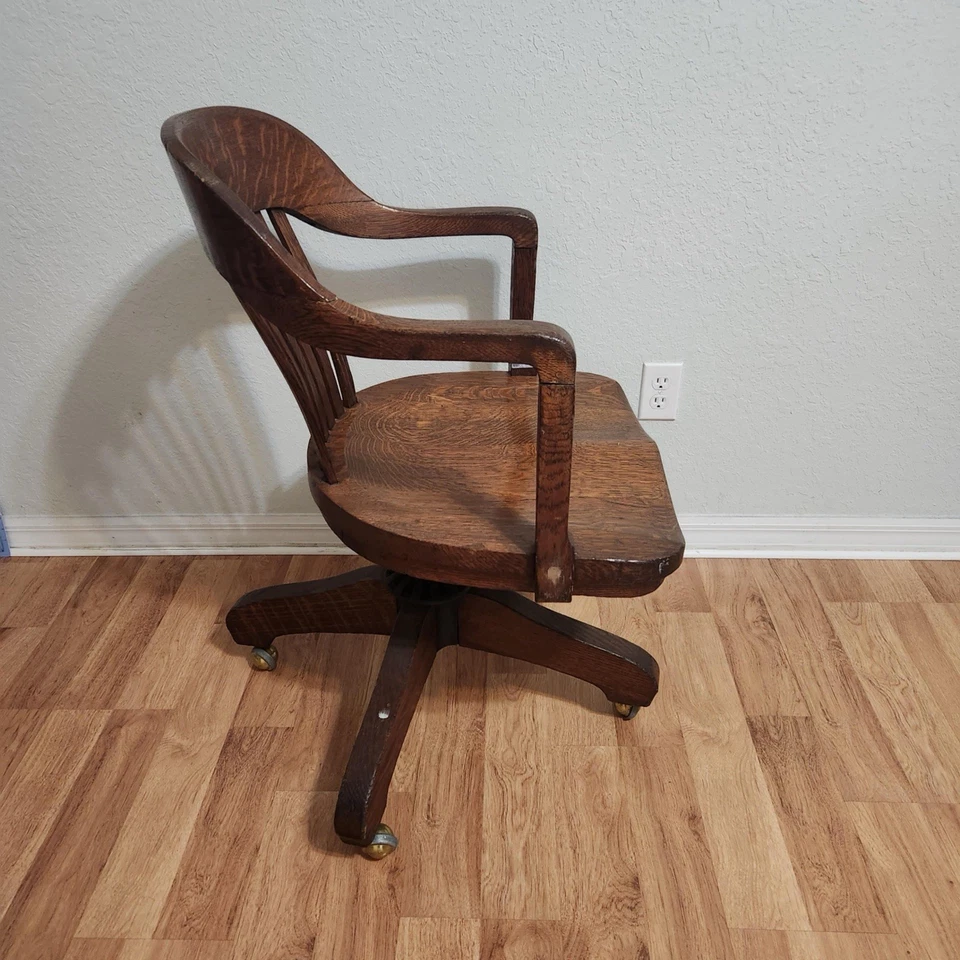 Antique Solid Wood Bankers Office Swivel Desk Arm Chair Rolls - Image 3 of 4