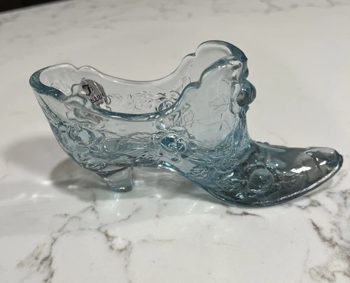 Fenton Glass Cabbage Rose Pattern Light Blue Slipper Shoe Label Paper