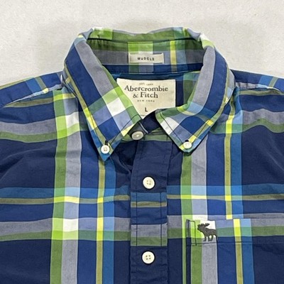 Abercrombie & Fitch Shirt Mens Large Blue Plaid Muscle Long Sleeve Button Up