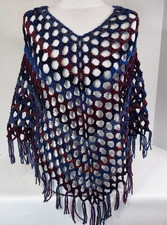 Handmade Boho Poncho Shawl Fringe Navy Blue Red One Size Fits Most Soft Acrylic