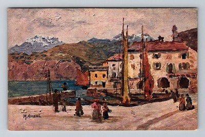 Italy- Lake Garda The Port Italian Painting Postal Old Card PC Vintage Postcard