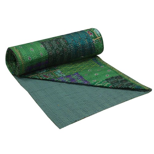 Bohemian Green Kantha Twin Silk Vintage Quilts Reversible Throw Patchwork Kantha - Bild 5 von 5