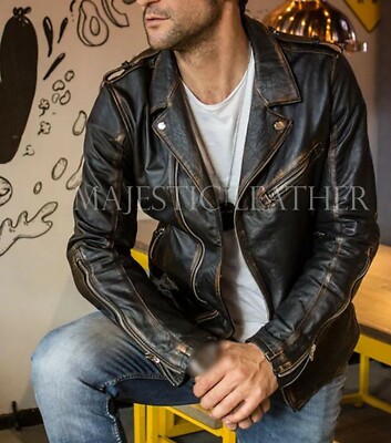 Men’s Distressed Vintage Leather Biker Jacket - Retro Café Racer Motorcycle