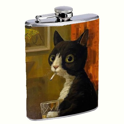 Smoking Cat Flask 8oz Stainless Steel Hip Drinking Whiskey