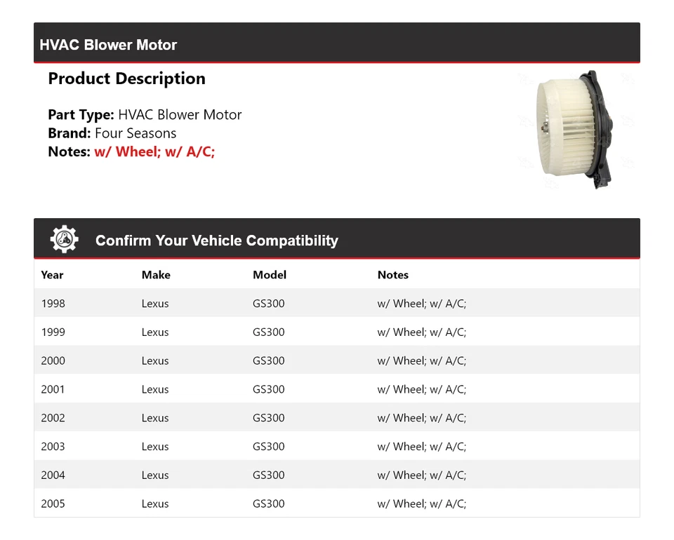For 1998-2005 Lexus GS300 HVAC Blower Motor 4 Seasons 1999 2000 2001 2002 2003 - Image 2 of 4