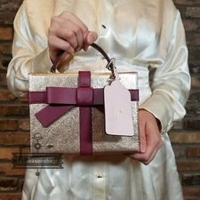 Kate Spade Wrapping Party Ribbon Bow Gift Box Crossbody Purse Rose Gold Wine NWT