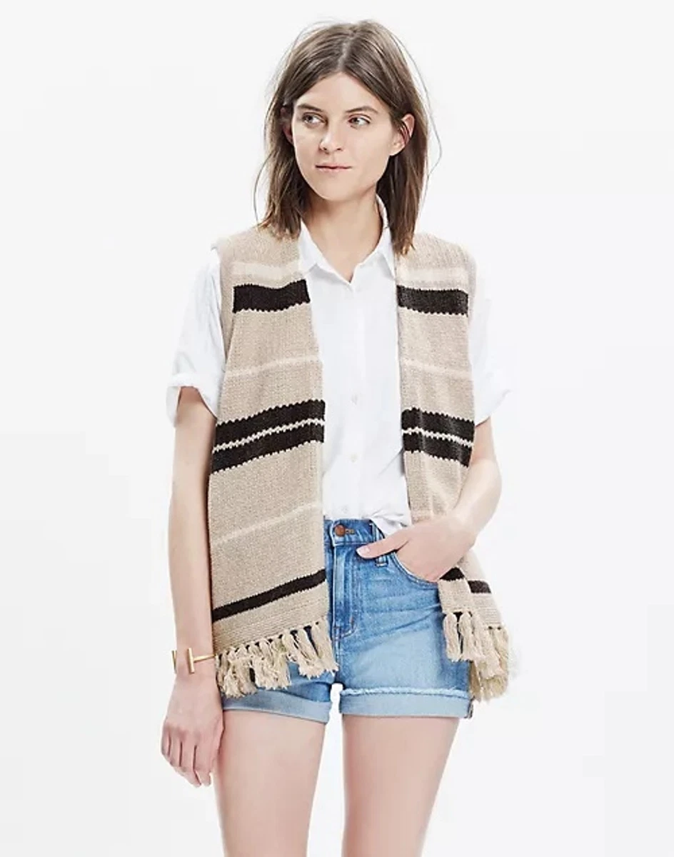 MADEWELL Cream Black Boho Striped Sleeveless Knit Fringe Vest Size XS Small
