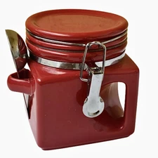OGGI Red Coffee Tea Ceramic Square Canister Handle & Spoon Kitchen Storage