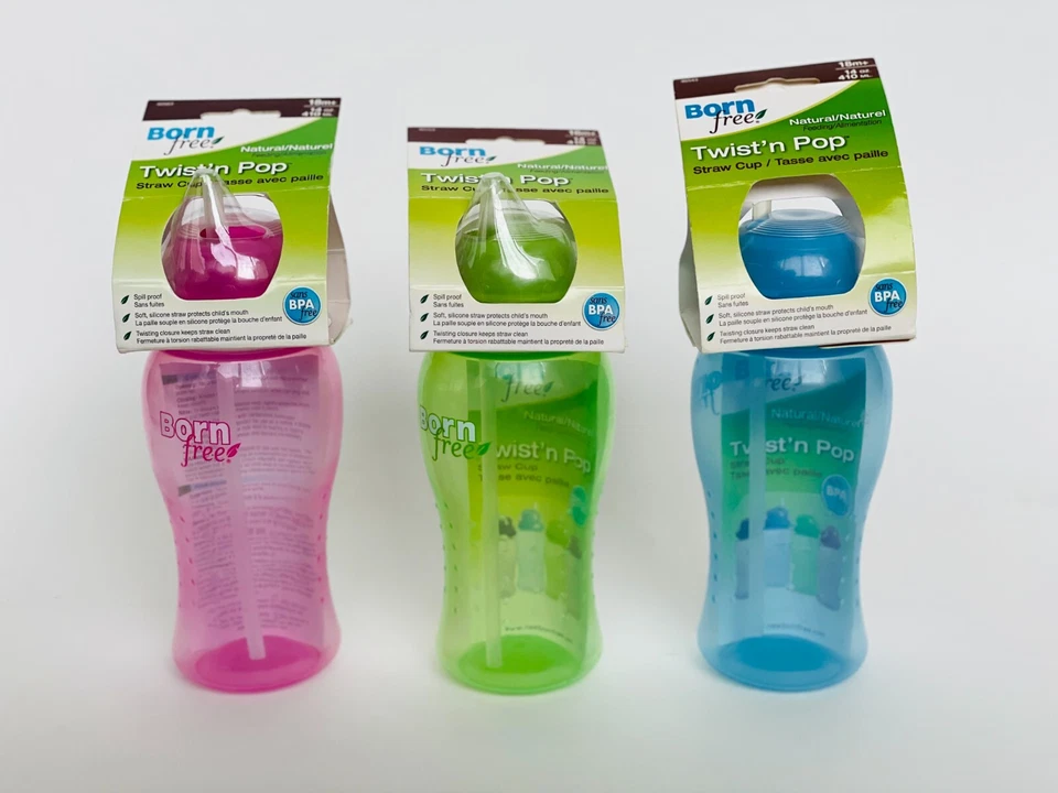 Born Free BPA-Free 14 oz. Twist'n Pop Straw Cup - Blue / Pink / Green - NEW - Image 2 of 2