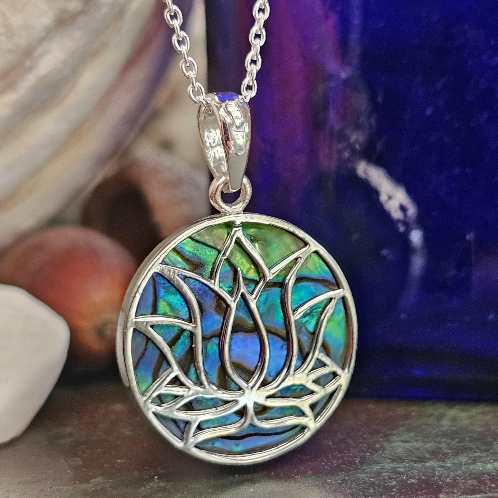 Lotus Flower Pendant Abalone Paua Shell 925 Sterling Silver 18" Necklace & Boxed