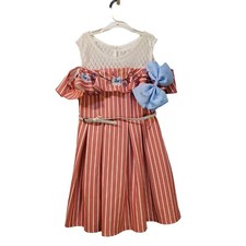 Knitworks Girls Lace, Embroidered, Striped Dress With Hair bow Size 8 New