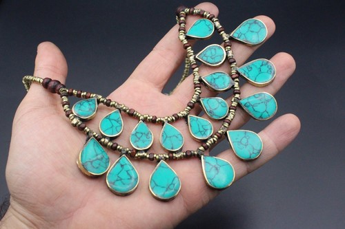 Afghan Necklace, Green Enamel Stones Tassels Necklace, Kuchi Nomadic Necklace - Picture 5 of 9