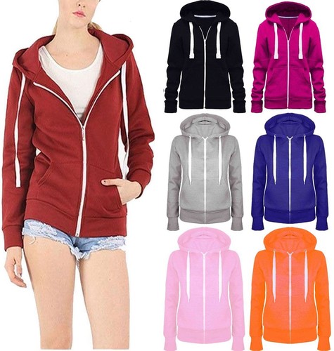 Para Mujer Llanura Cremallera Con Capucha Top Sudadera Chaqueta De Las  Señoras Manga Larga Básica | eBay