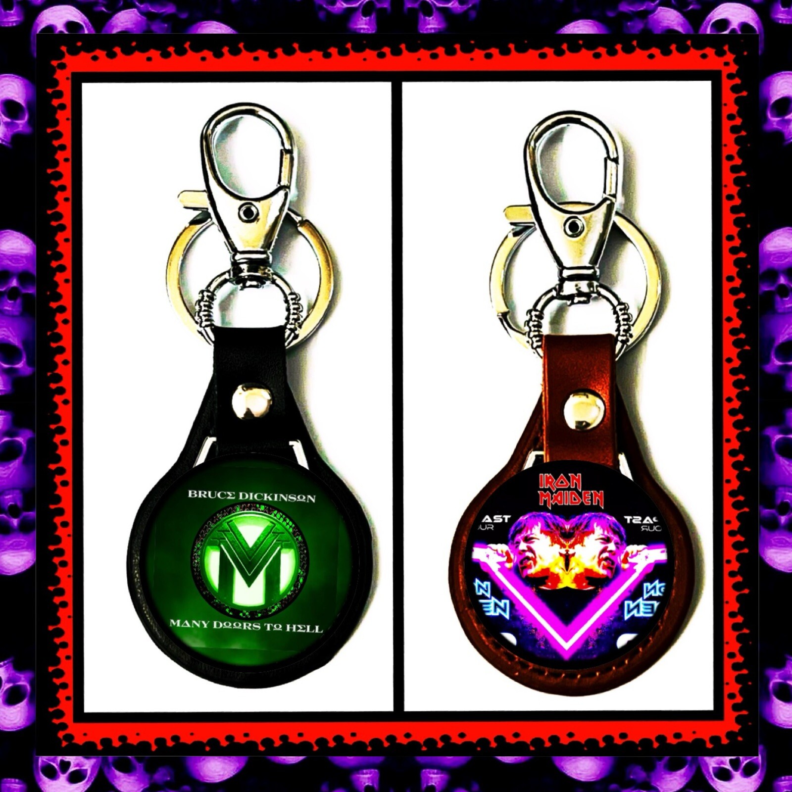 IRON MAIDEN BRUCE DICKINSON 🇬🇧MANY DOORS TO HELL 🇬🇧 TWO LEATHER KEYCHAINS