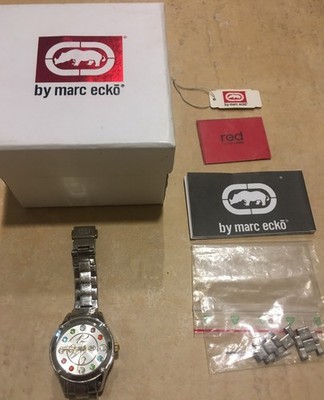 ~NEW~ MARC ECKO RED STAINLESS STEEL BRACELET WATCH w/COLORFUL JEWELED FACE WATCH