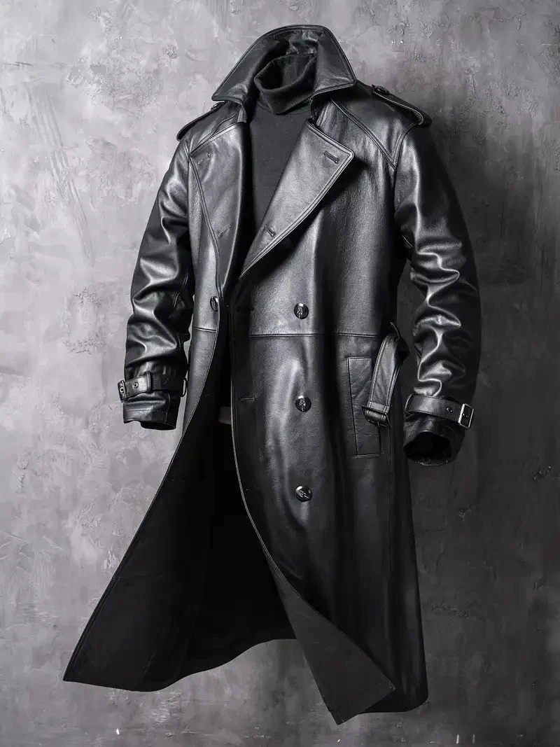 Mens Real Leather Double Breasted Trench Coat Black Belted Long Jacket Classic
Opens in a new window