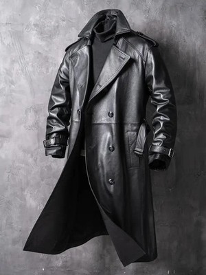 Mens Real Leather Double Breasted Trench Coat Black Belted Long Jacket Classic