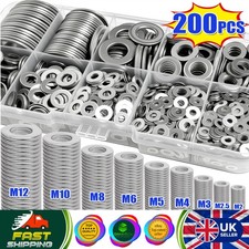 200x 304 Stainless Steel Washers Kit M2-M12 Flat Metal Washer Assortment Set Box