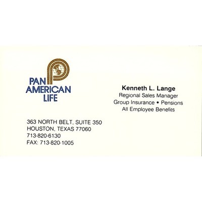 Pan American Life Kenneth L Lange Houston TX Vintage Business Card STK2-BC6-10