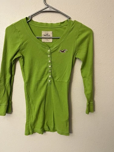 Vtg Hollister So Cal Stretch Henley Top Green Ribbed 3/4 Sleeve XS Y2K