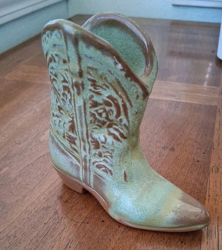 Vintage Pottery Cowboy Boot Frankoma  134 Vase Light Green 4.5" Western Decor