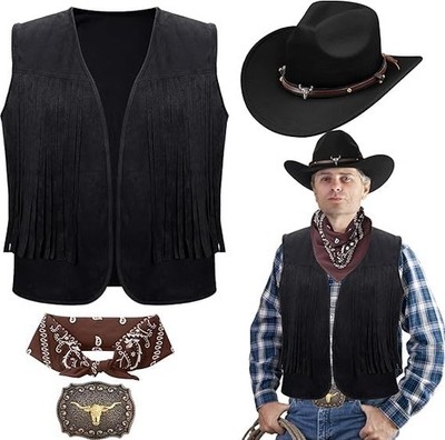4-teiliges Cowboy Kostüm Set für Erwachsene Herren - Weste mit Fransen