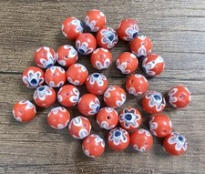 Vintage Red White Navy Flower Pattern Glass Bead Lot Of 32 Jewelry Making A17